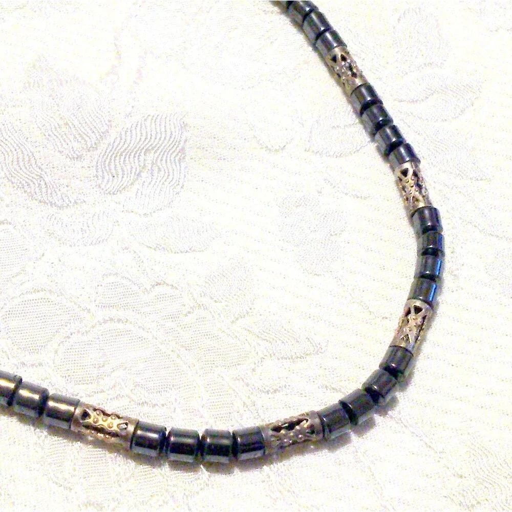 Vintage Hematite and Silver Bead Necklace